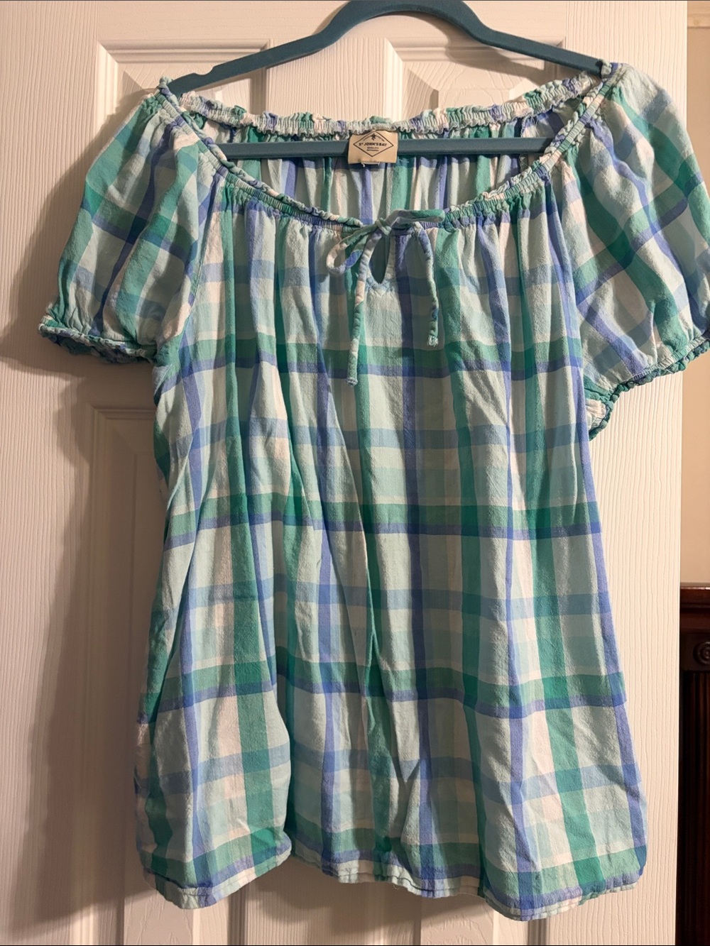 St. John's Bay Mint, Light Blue and White Plaid Off-Shoulder Tunic